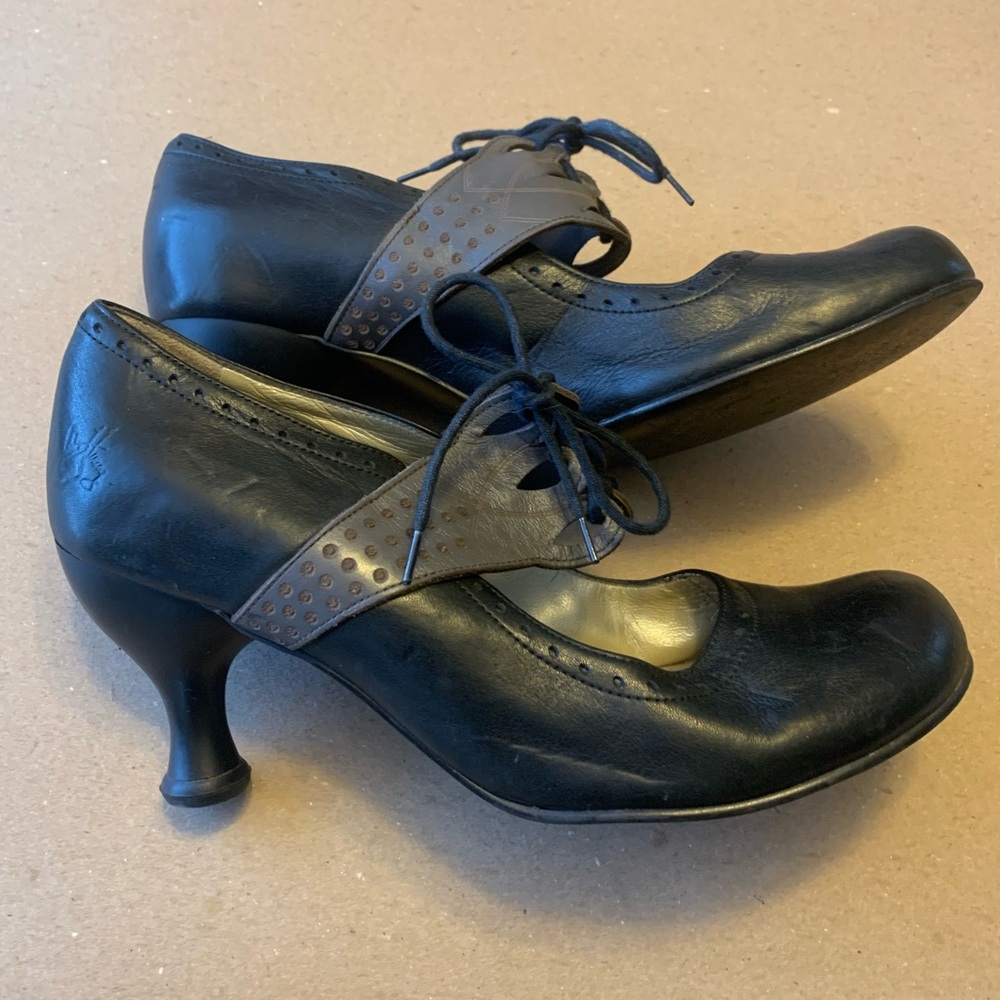 John Fluevog Bellevue Mollie Johnson Black & Grey Lace Up Mary Jane Heels Size 9 - Picture 13 of 15